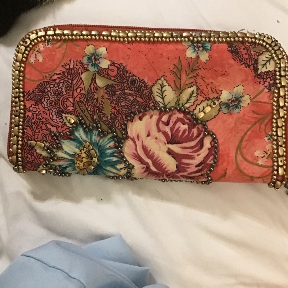 Anthropologie Floral Embellished Clutch - Coral and Gold